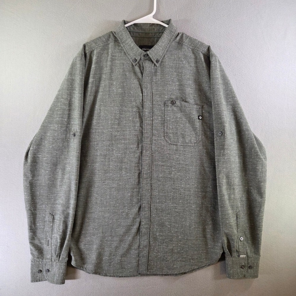 Marmot XL Green Heathered Slub Long Sleeve Roll Tab Button Down Shirt Gorpcore